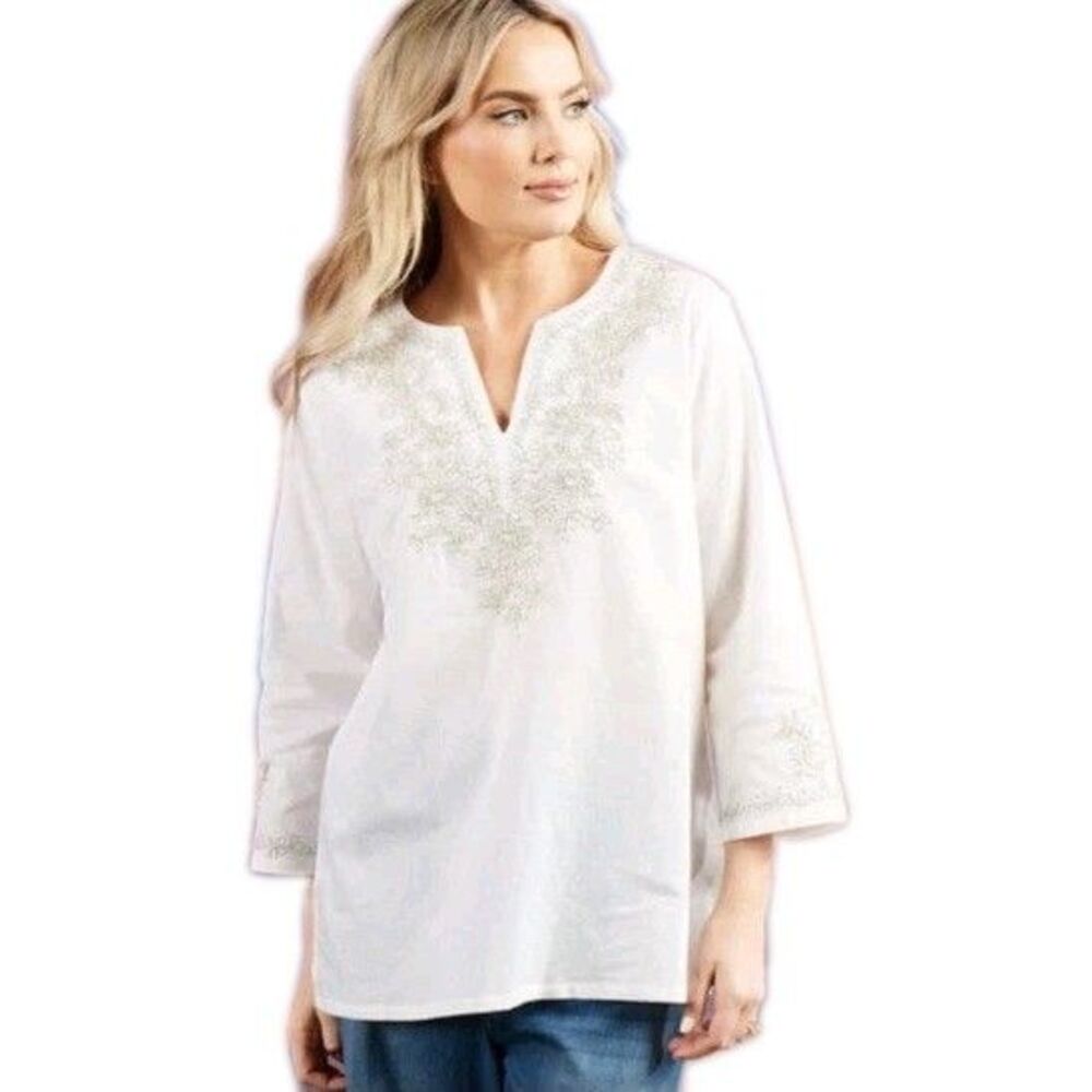 Chico's Women's White Boho Cotton Tunic Top With Sliver Metallic Embroidery